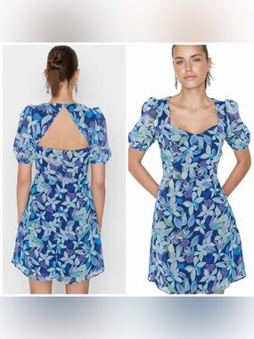Trendyol Blue Floral Puff Sleeve Open Back Mini Dress EU 38 US 6 Small